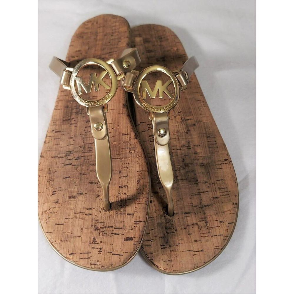 Michael Kors MK Charm Gold Jelly Strap Cork Bottom Flip Flop Thong Sandal 10M